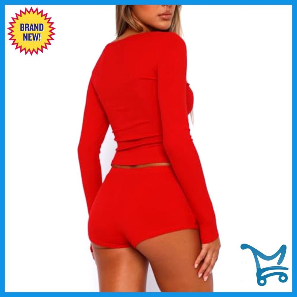 Y2K V-Neck Long Sleeve Button Front Lounge Set with Shorts Sexy Sleepwear - Picture 4 of 7